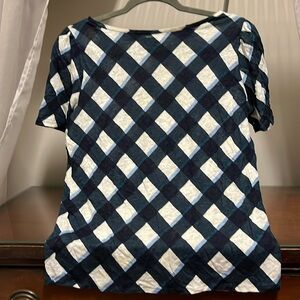 EUC Ann Taylor Women's Medium Blue, White, and Green Plaid Short Sleeve Top